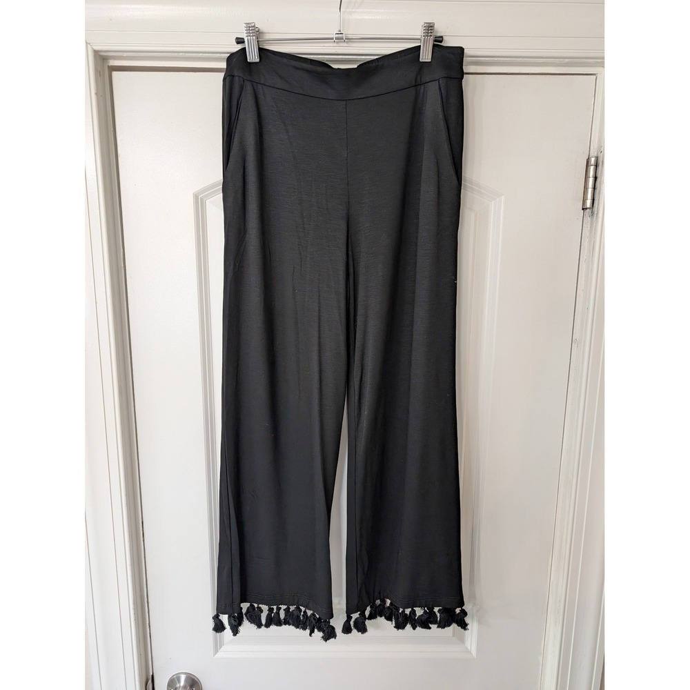 Trina Turk Black Wide Leg Tassel Hem Pants Womens Small Boho Relaxed resort